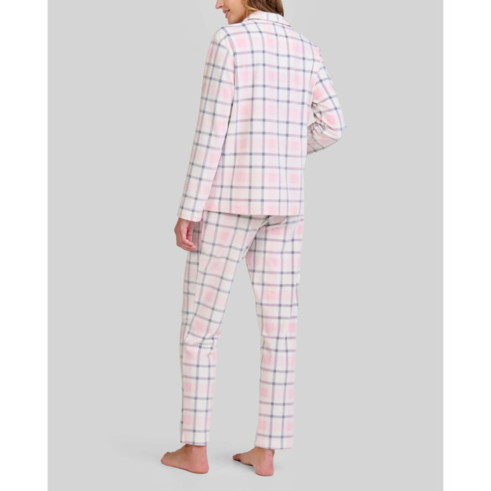 Pijama mujer suave tejido de cuadros, abotonado con bolsillos de plastón, manga larga y pantalón largo
