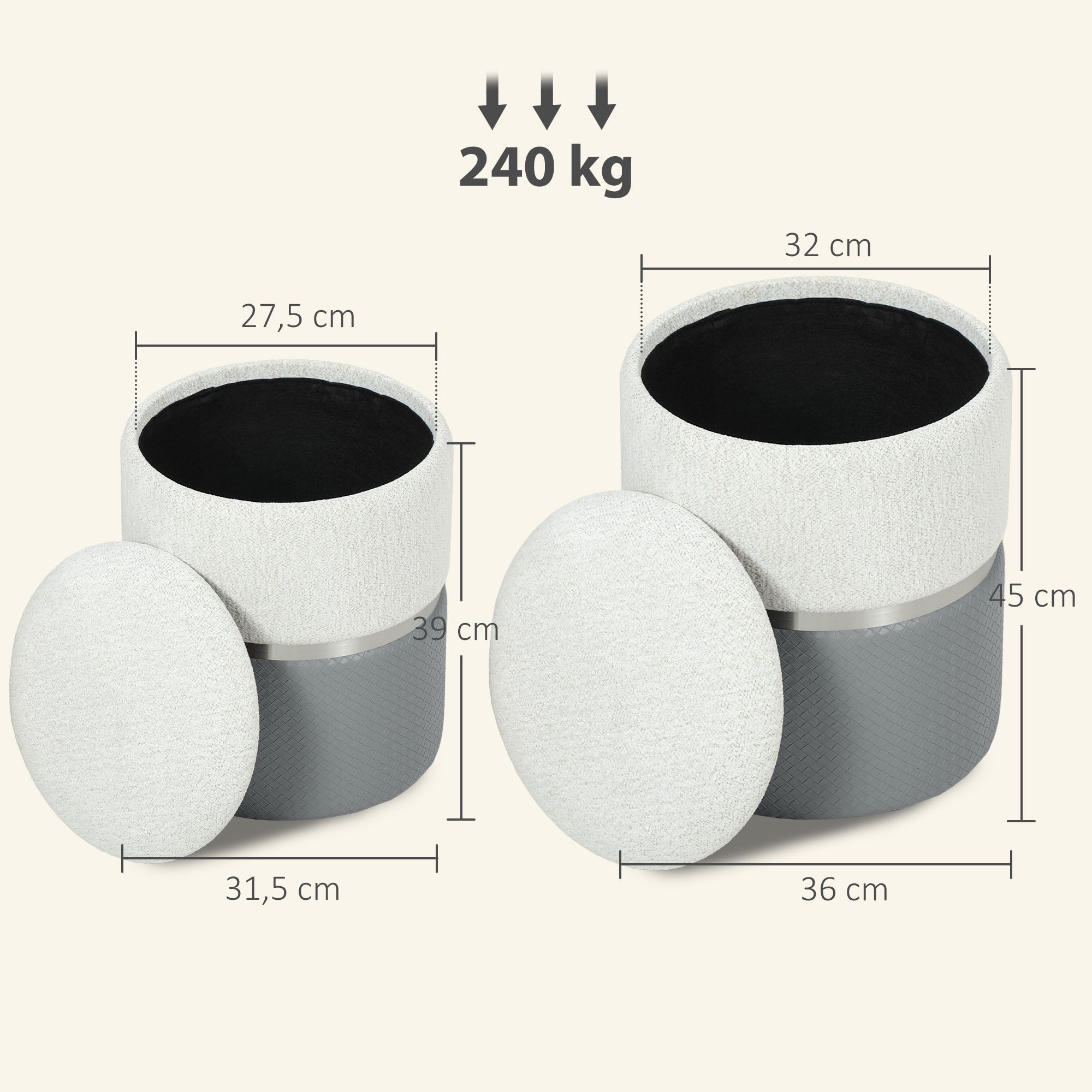 Juego de 2 Puff Almacenaje, Baúles de Almacenaje Redondos, Tapizados en Chenilla y PU, Asiento Acolchado, para Pasillo, Dormitorio, Salón, Gris y Crema