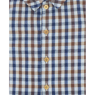 Camisa cuello camisero cuadros beige y azul