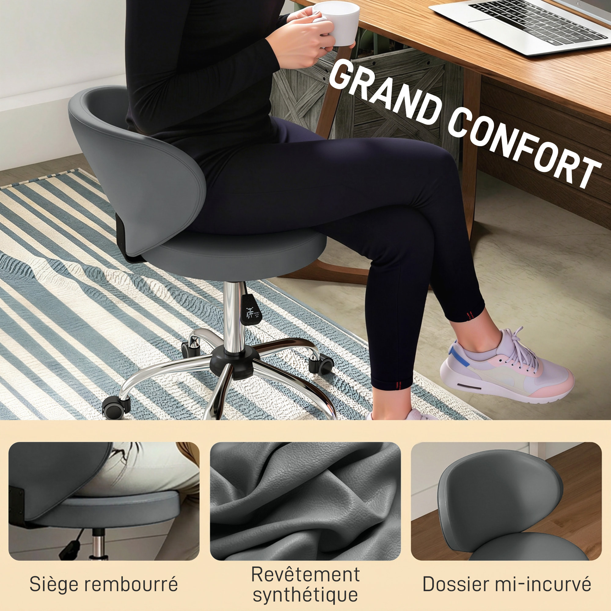 Tabouret de massage travail pivotant réglable 51-66H cm dossier ergonomique gris