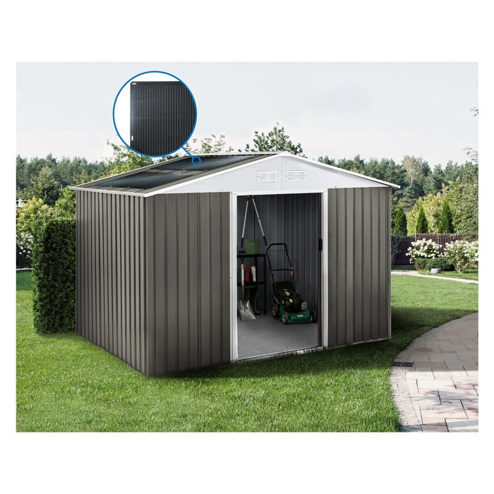 Abri jardin métal "Dallas" -8.84m² avec panneaux solaires - Taupe
