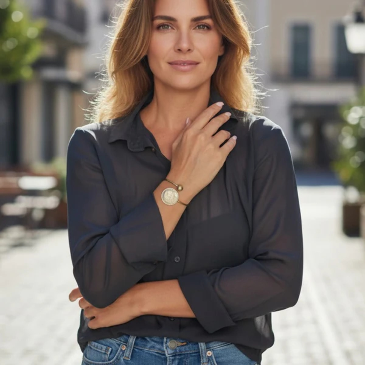 Pulsera dorad ajustable chapa Moon en latón y zamak