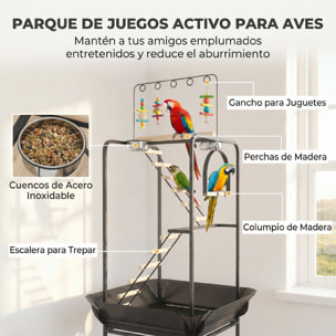 Parque de Juegos para Pájaros, Soporte para Pájaros con Ruedas, Escaleras, Columpio, Protector de Semillas, Bandeja, Comederos, Perchas, Gancho, Estante, para Periquitos Cacatúas, 63x63x163 cm