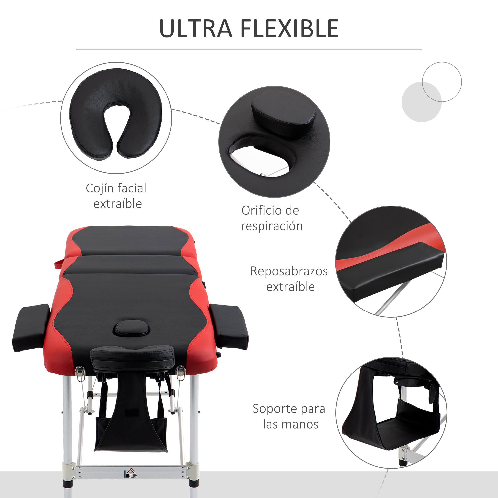 Camilla de Masaje Plegable 185x60cm Portatil Fisioterapeuta 3 Zona Negro y Rojo