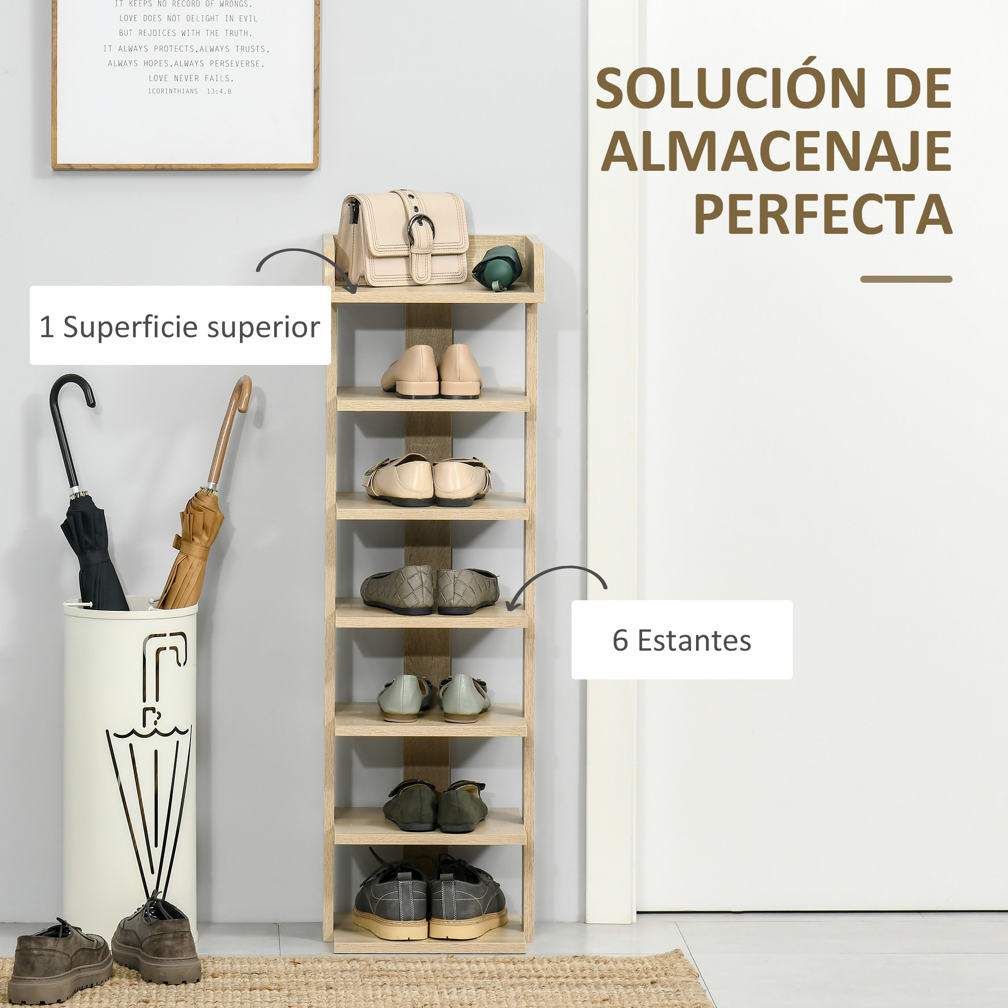 Zapatero Estrecho de 7 Niveles, Estantería de Zapatos, para 6 Pares de Zapatos, para Espacio Pequeño, Dormitorio y Pasillo, Roble