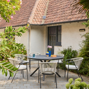 Table de jardin ronde aluminium et verre + 6 assises ORBIS + LIORA