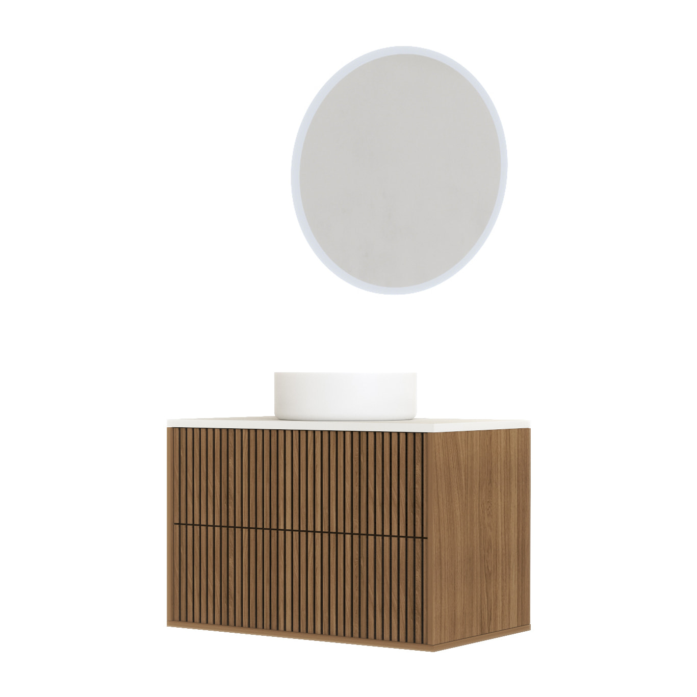 Meuble Salle de Bains 60 2 Tiroirs Décor Chêne et Noir - Vasque et Plan Blancs - Miroir LED 60