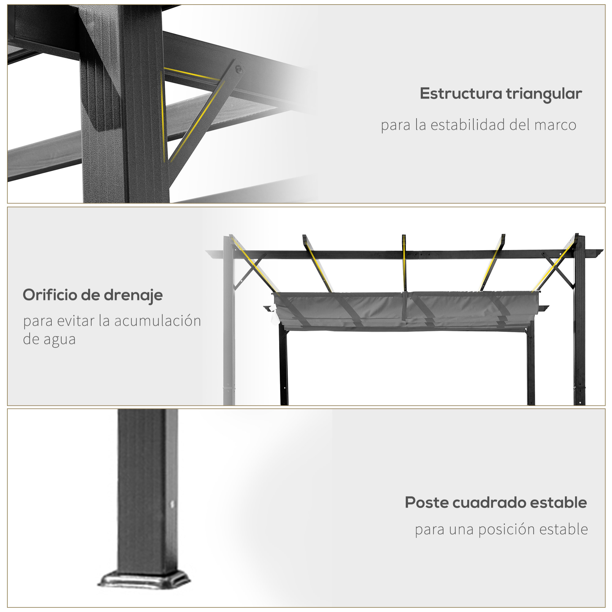 Pérgola de Jardín 3x3 m con Techo Retráctil, Cenador de Jardín con Protección UPF30+, Orificios de Drenaje, Estructura de Aluminio, Pabellón para Patio, Terraza, Exterior, Gris Oscuro