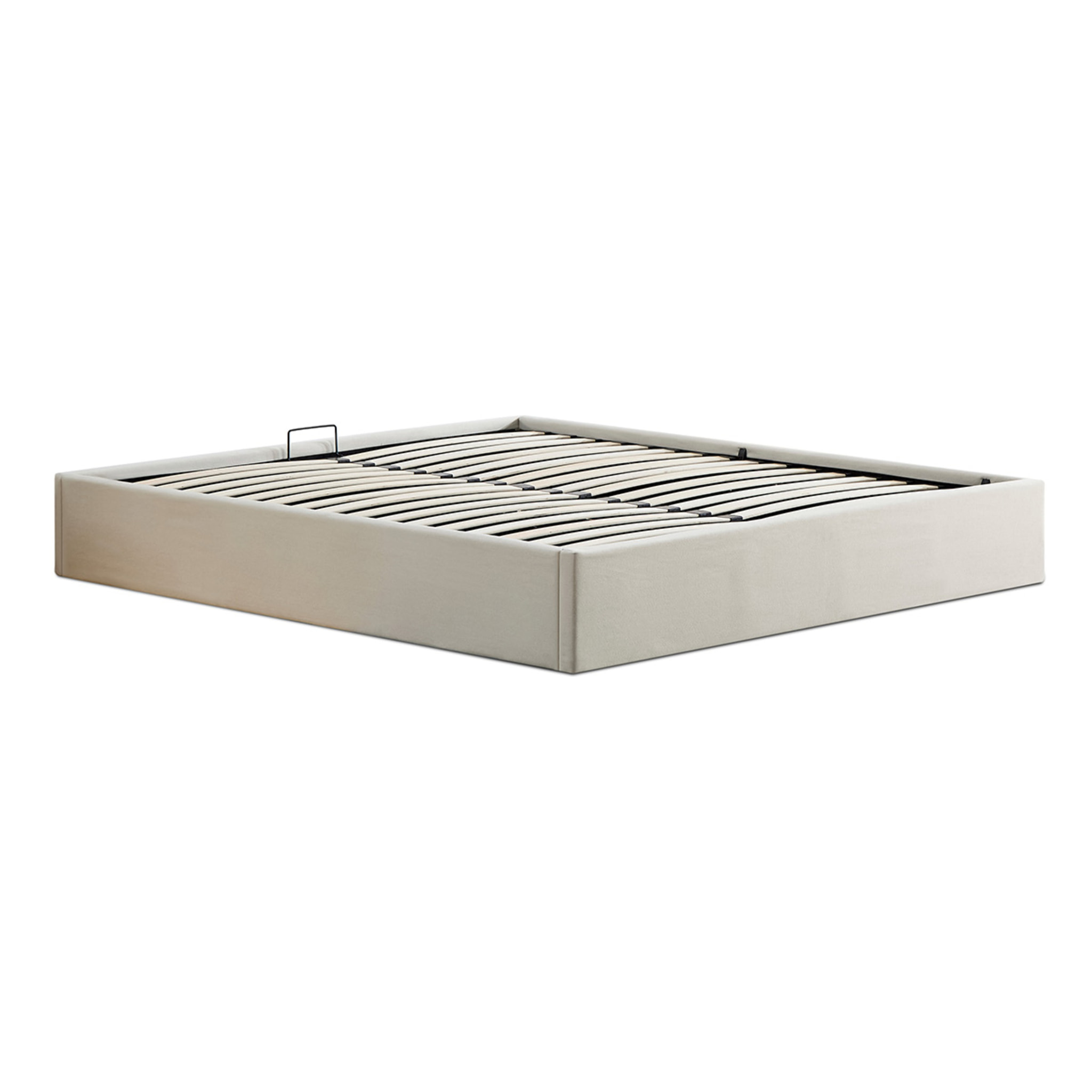 Lit Coffre Atlas en Tissu Beige, Grand espace de rangement, Sommier à Lattes actives, Structure Robuste, Design Moderne