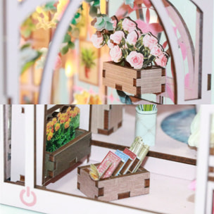 Estudio en el jardín. Book Nook de madera, diseño 3D realista con gran detalle, cubierta y luces led.