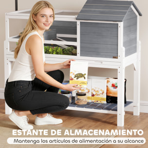 Casa para Tortugas de Madera, Terrario para Reptiles con Soporte para Lámpara Ajustable, Techos Abatibles, Bandeja Extraíble, Estante de Almacenaje y Paneles Transparentes, Caseta para Tortugas