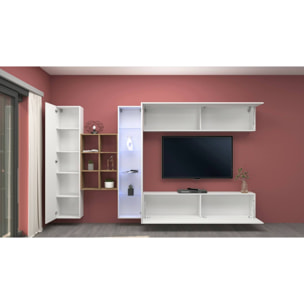 Parete attrezzata Dino, Set salotto porta TV a 4 ante, Mobile soggiorno multiuso con vetrina e luce LED, 100% Made in Italy, cm 280x30h180, Bianco lucido e Acero