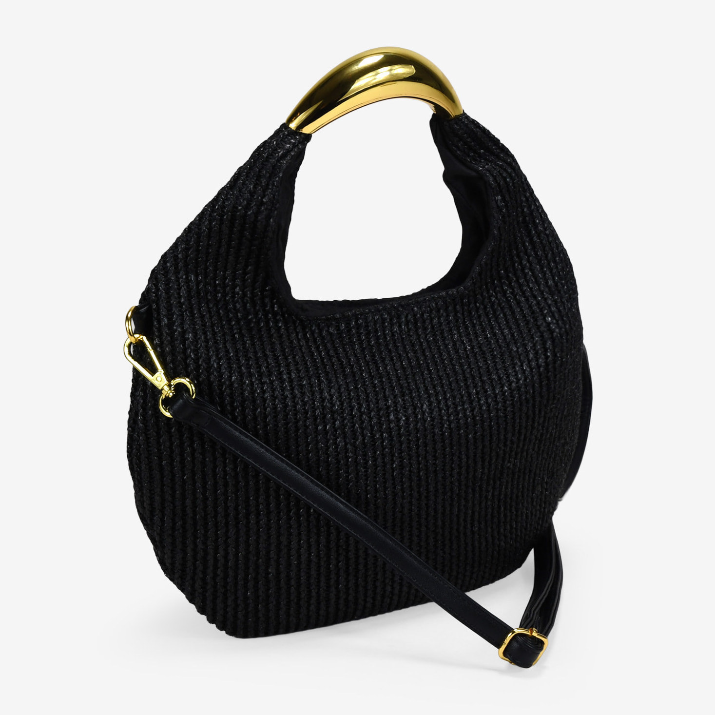 Bolso de mano negro en rafia con metal