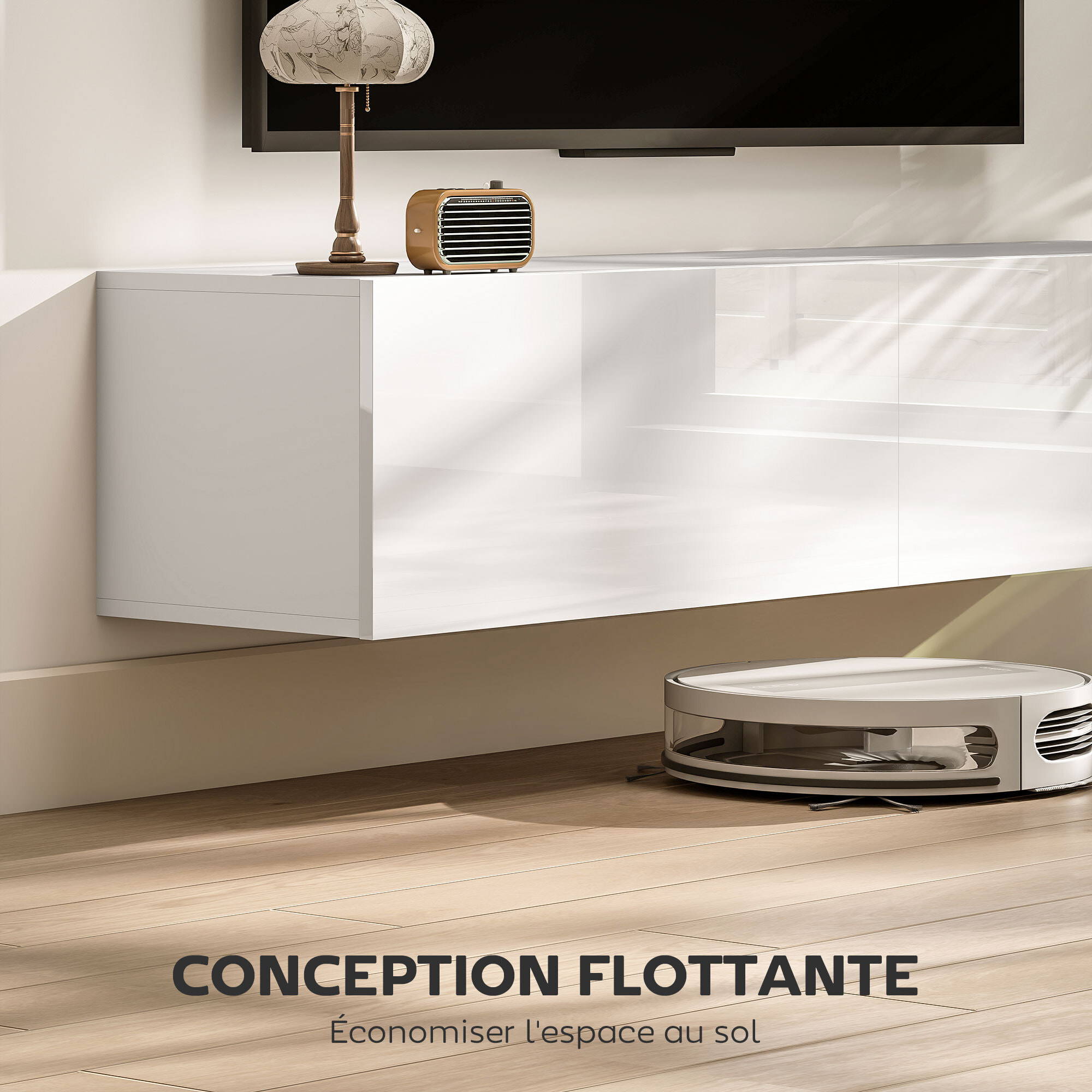 Meuble TV suspendu meuble TV flottant design façade blanc laqué 2 portes