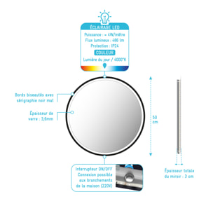 Miroir salle de bain ROND avec éclairage LED et contour noir - Diam 50cm