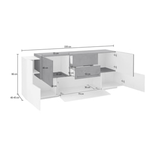 Credenza moderna a 5 ante e 2 cassetti, Made in Italy, Madia da cucina, Buffet di design da soggiorno, cm 220x45h86, colore Bianco lucido e Grigio Ardesia