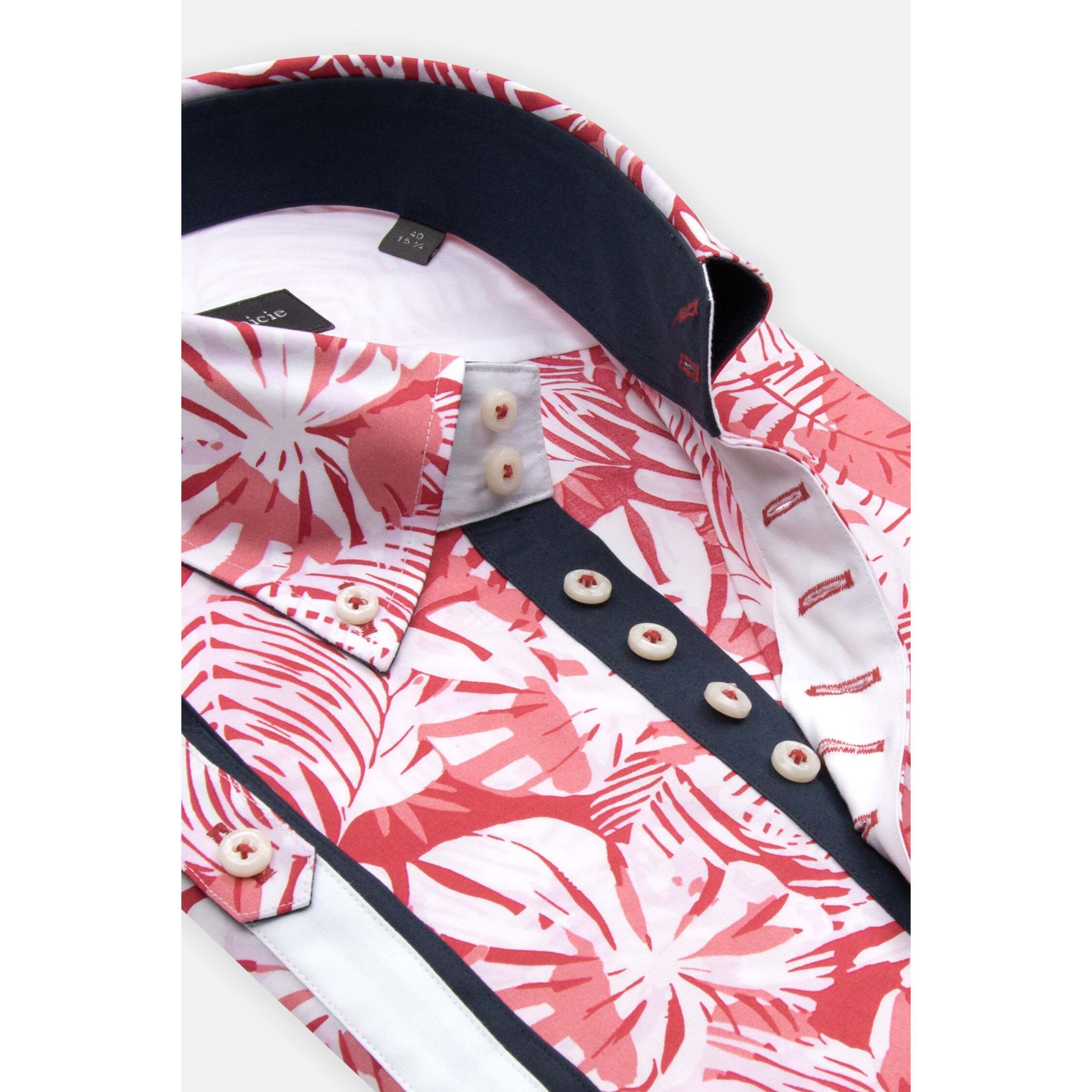 Camicia Uomo Manica Corta 2 Bottoni Button Down 7 Botto Popeline Stretch Stampato Bianco e Rosso