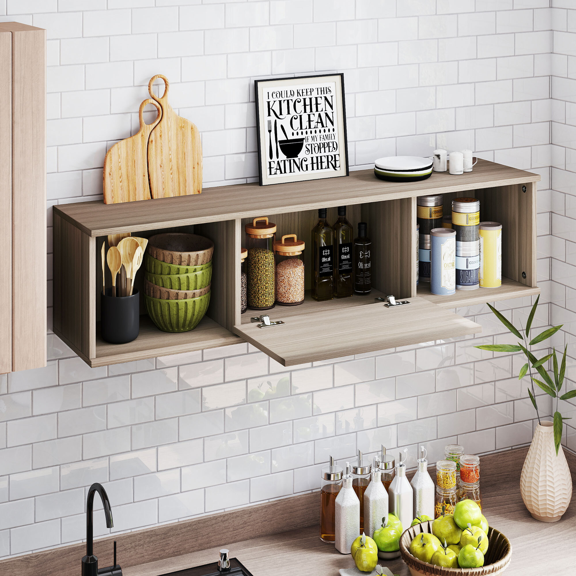 Armario de Pared, Armario de Almacenaje Colgante con 2 Compartimentos Abiertos y Puerta Abatible, Mueble de TV para Salón, Cocina, Baño, 120x30x29,5 cm, Marrón