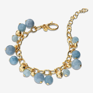 Bracciale in Argento 925 Placcato Oro Giallo 18kt con Ciondoli Sfere Martellate e in Pietra Naturale Quarzite Celeste