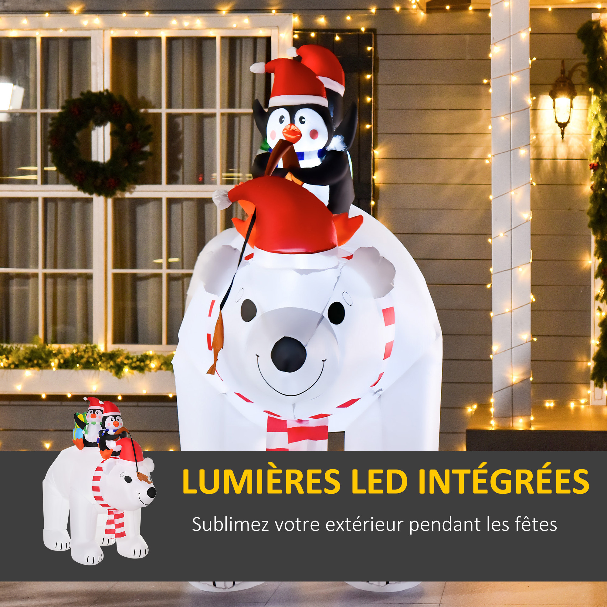 Ours polaire gonflable de Noël décoration gonflable LED de Noël 2,06H m lumières LED 2 pingouins blanc