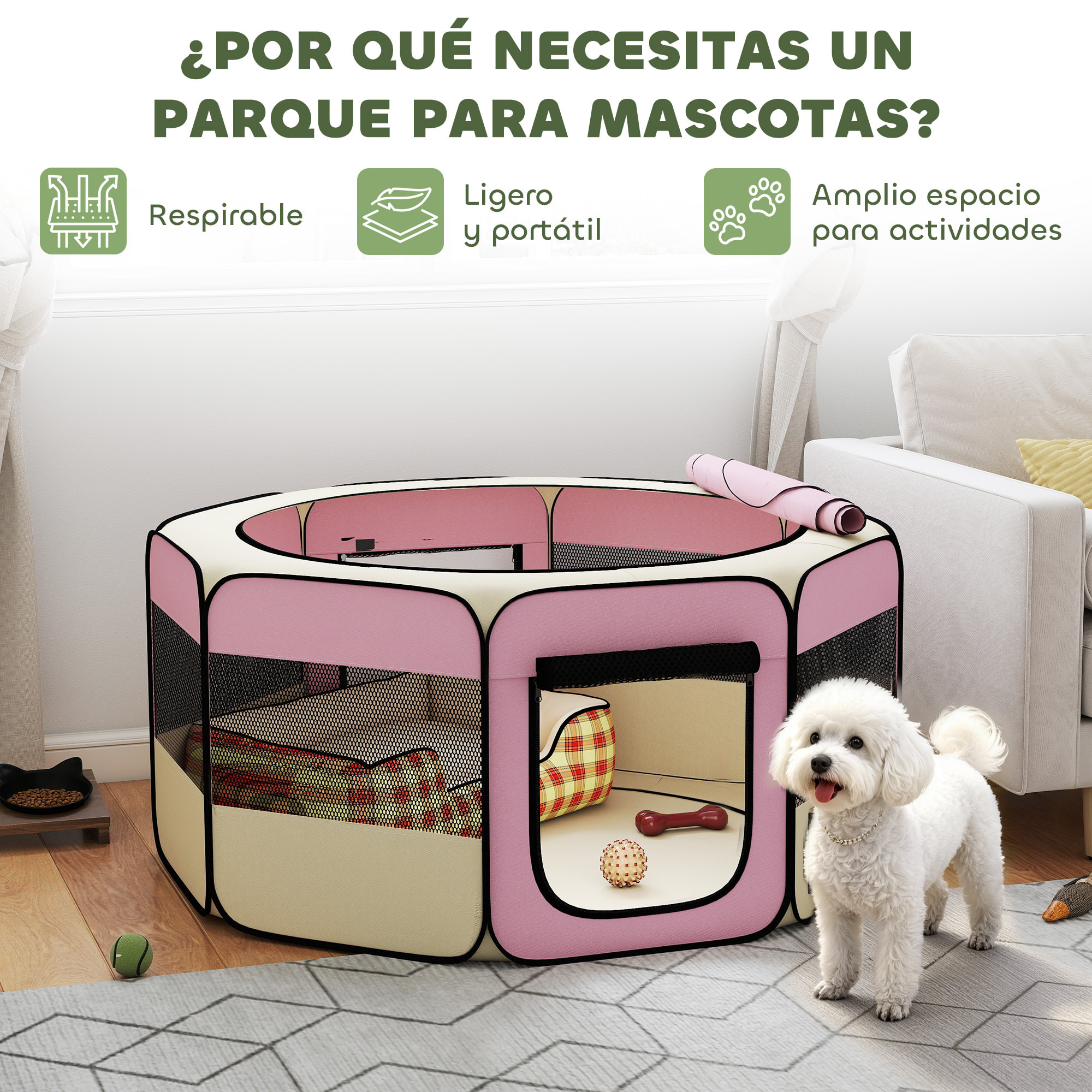 Parque Plegable para Perros y Gatos, Corralito Portátil para Animales Pequeños Impermeable de Tela Oxford con 2 Puertas, para Exterior e Interior, Ø120x58 cm, Rosa