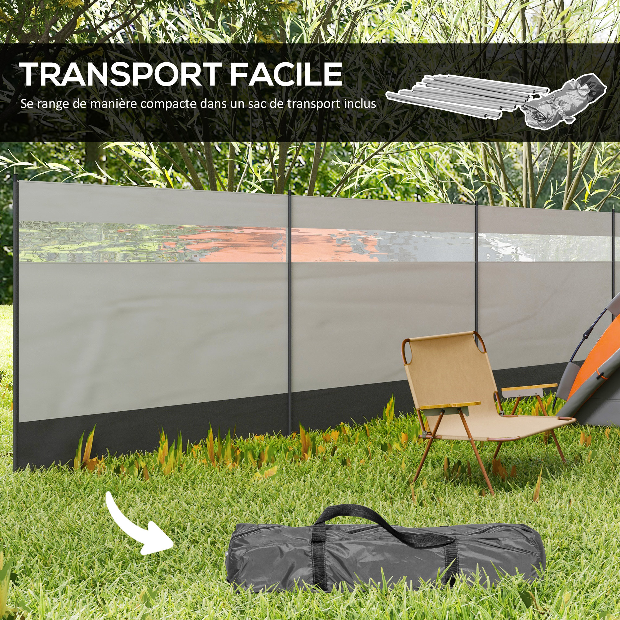 Paravent brise-vue camping plage portable pliable avec sac de transport et poteaux acier dim. 725L x 140H cm gris