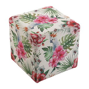 Pouf cube tropical motif perroquets, feuilles et fleurs 35x35x35cm BORNEO