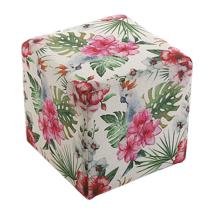 Pouf cube tropical motif perroquets, feuilles et fleurs 35x35x35cm BORNEO