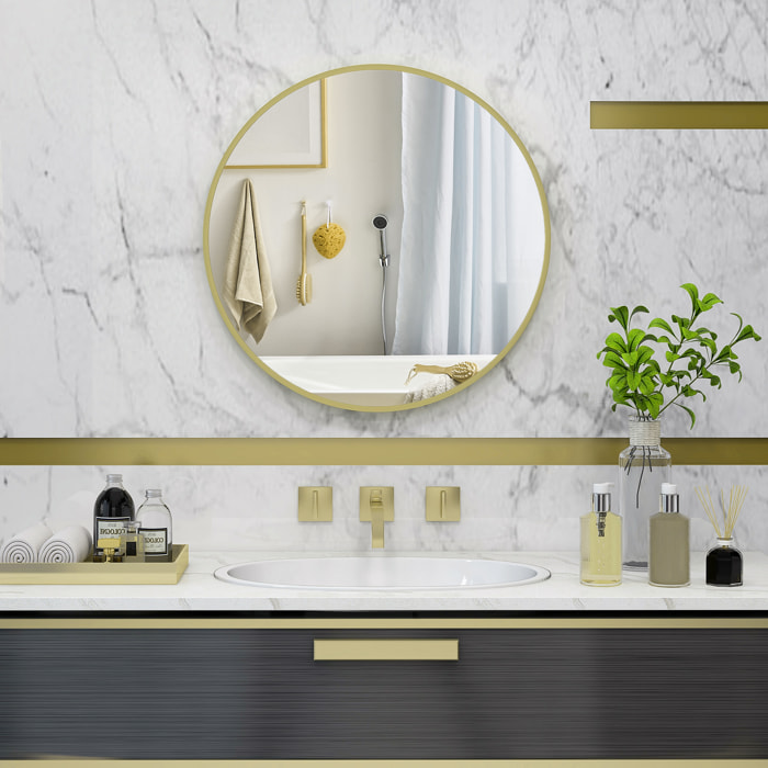 Espejo de Baño Redondo Espejo de Pared Espejo Decorativo con Marco de Aluminio y Gancho Fácil Instalación para Salón Entrada Pasillo Dorado