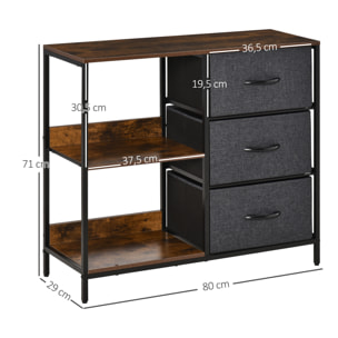 Meuble de rangement commode design - 3 tiroirs, 2 étagères - métal MDF non tissé anthracite