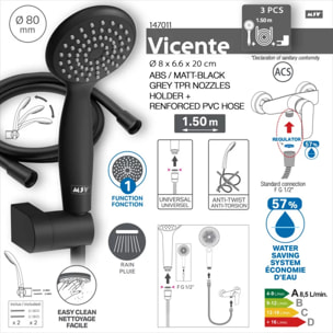 Pommeau de douche Vicente Noir matt Ø 80 mm avec support mural et flexible 150 cm