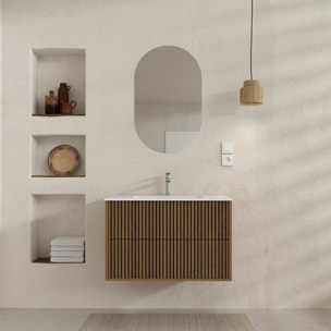 Meuble Salle de Bains YUKI 60 2 Tiroirs Décor Chêne et Noir - Vasque Blanche - Miroir Ovale 50x80