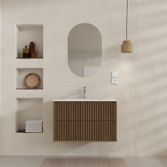 Meuble Salle de Bains YUKI 60 2 Tiroirs Décor Chêne et Noir - Vasque Blanche - Miroir Ovale 50x80