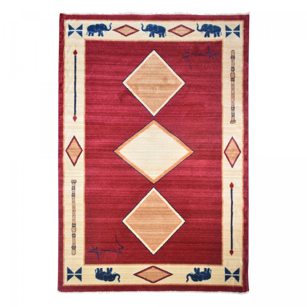 Tapis Tevu rouge et beige aux motifs géométriques d'inspiration Kazak