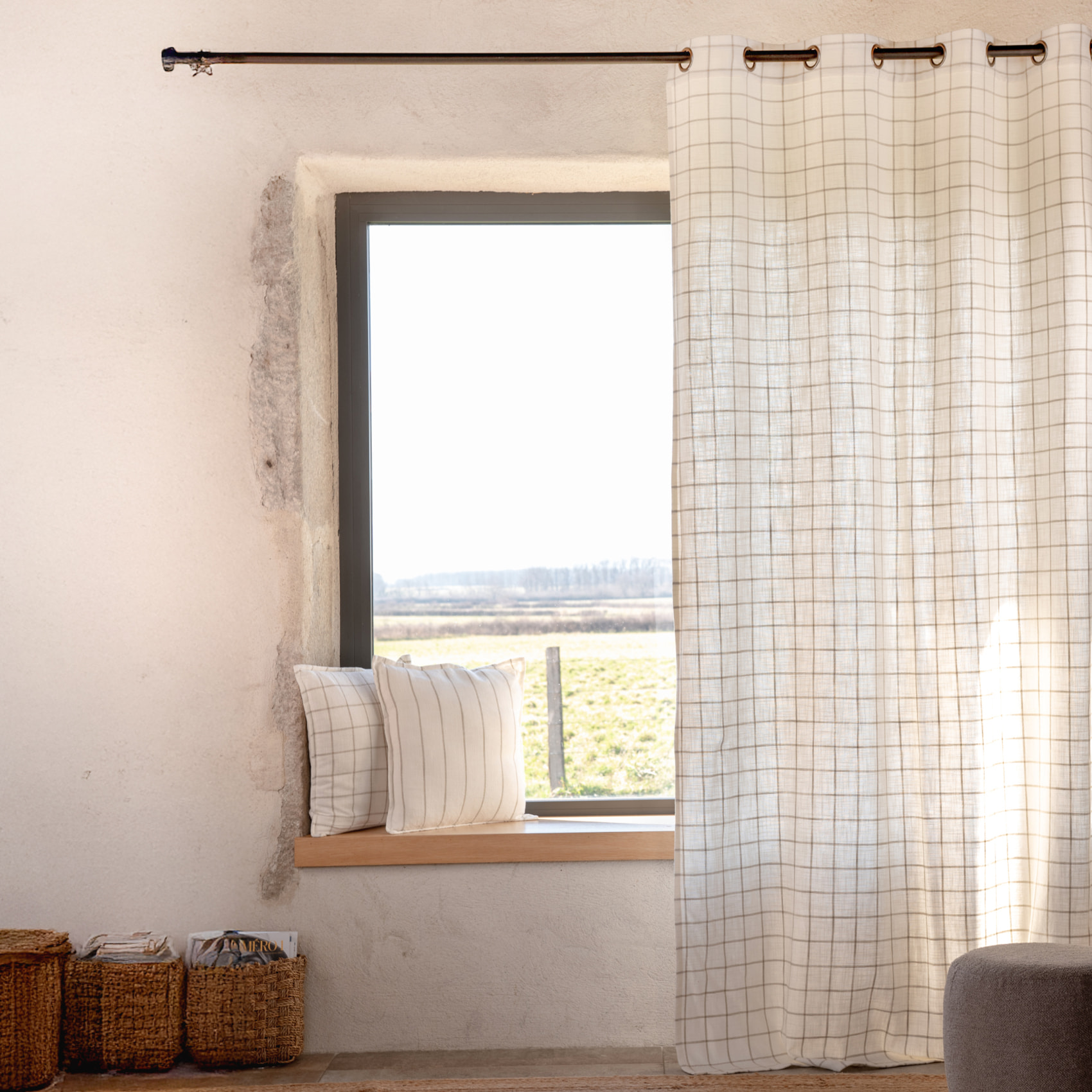 Rideau 100% coton à carreaux beige LOURMARIN - Beige