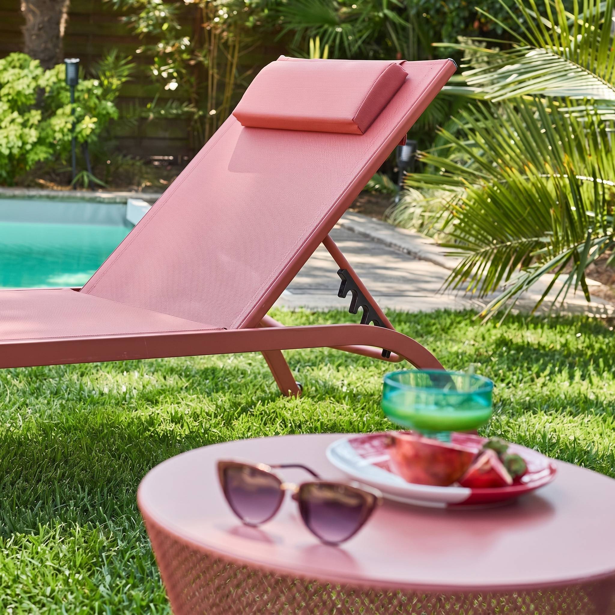 Bain de soleil acier multi positions avec coussin et roulettes (lot de 2) ONA