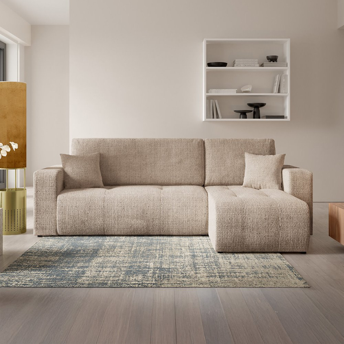 AURORE - Canapé d'angle droit 3 places en tissu texturé taupe