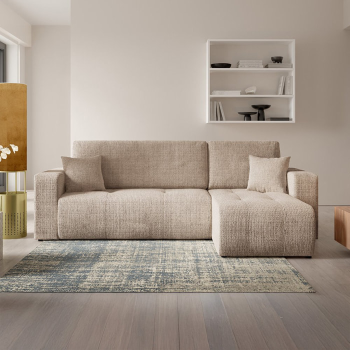 AURORE - Canapé d'angle droit 3 places en tissu texturé taupe