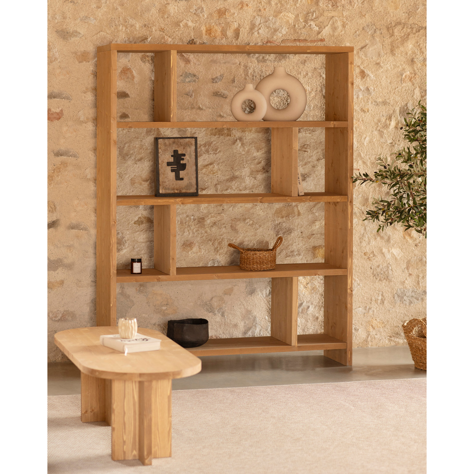 Estantería de madera maciza tono roble medio de 180x140cm Alto: 180 Largo: 140 Ancho: 35