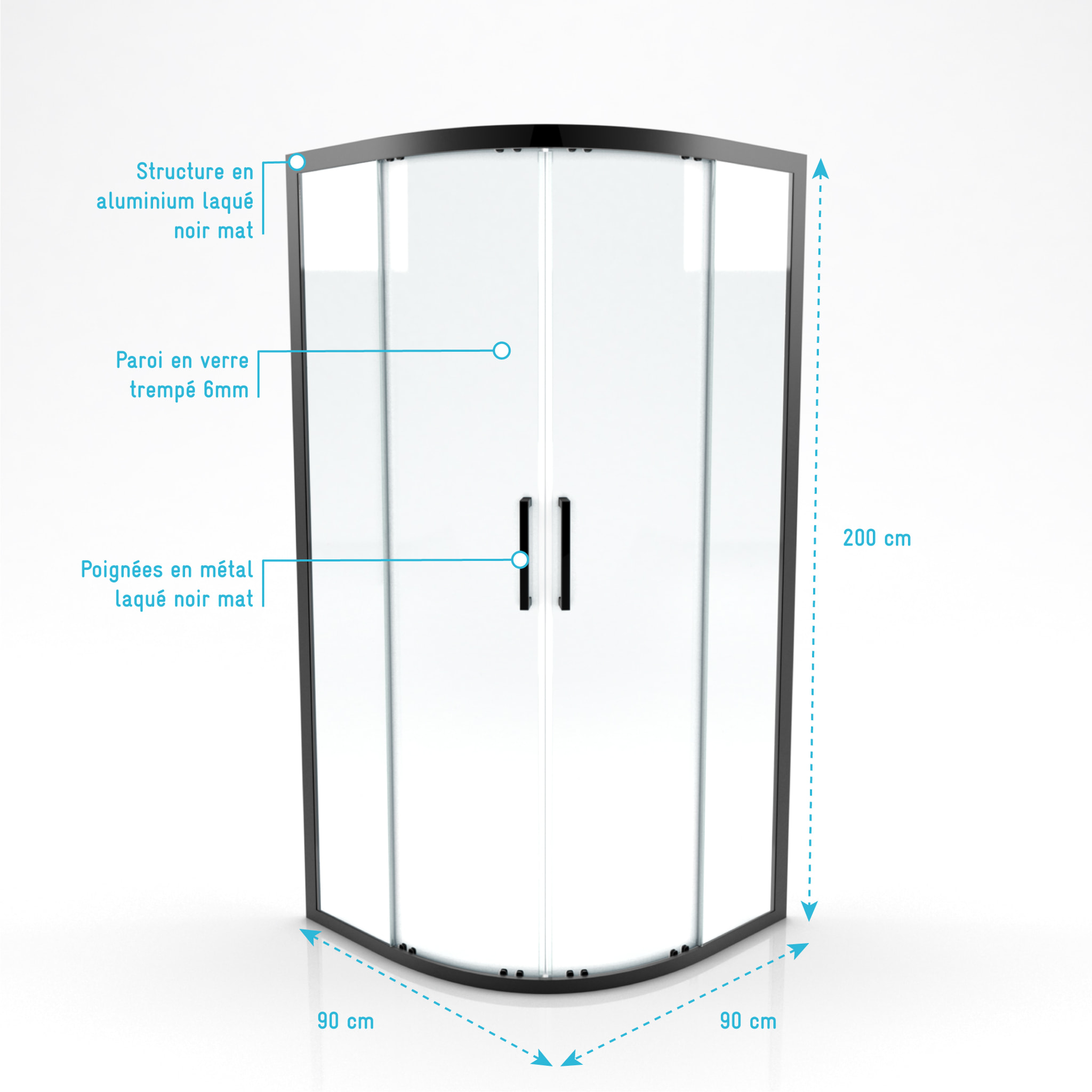 Porte de douche quart de cercle 90x90x200cm - PROFILE NOIR MAT - verre trempé 6mm