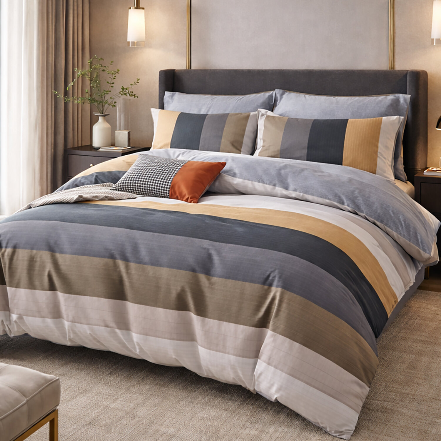 Housse couette+ taies 100% percale de coton - imprimé rayures contemporaines