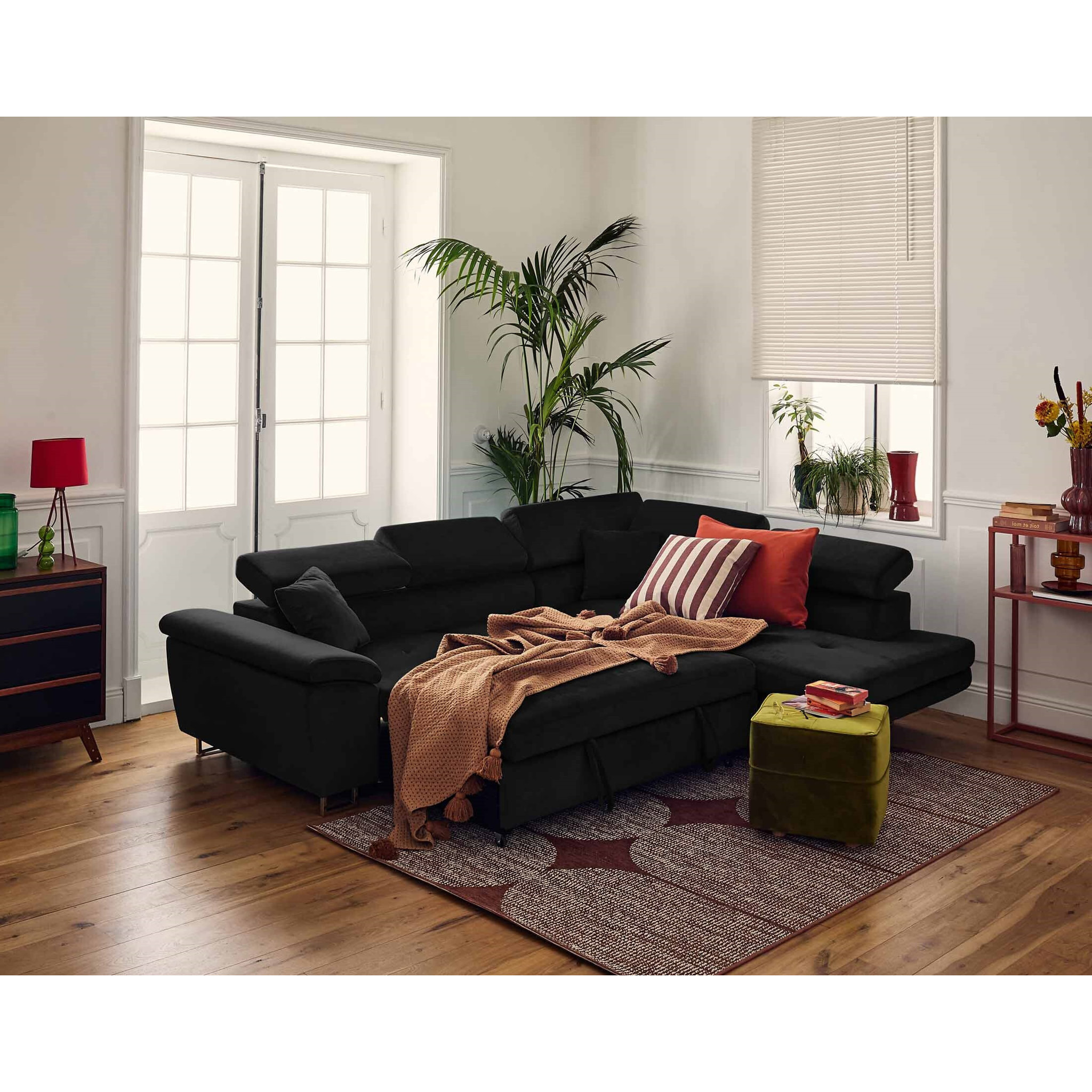 Dimas - canapé d'angle droit 5 places - convertible avec coffre et têtières réglables - en velours - Noir