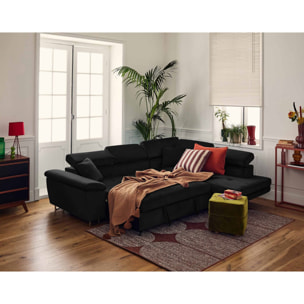 Dimas - canapé d'angle droit 5 places - convertible avec coffre et têtières réglables - en velours - Noir