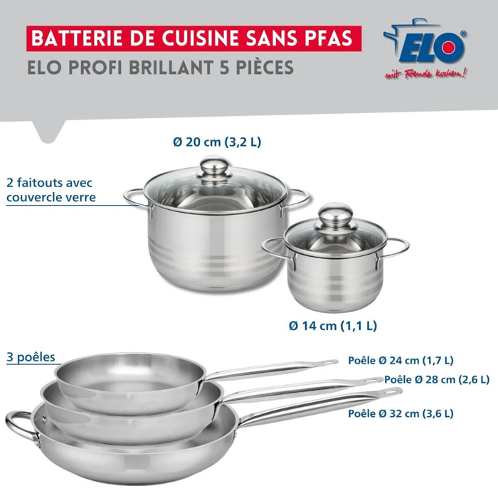 Ensemble de 3 Poêles de cuisson 24, 28 et 32 cm et 2 faitouts 14 et 20 cm Elo Profi Brillant