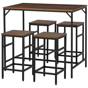 Juego de Mesa y Taburetes de Bar, Mesa Alta de Cocina con 4 Taburetes Industrial, con Reposapiés, Ahorro de Espacio, para Espacios Reducidos, Comedor, Salón, Marrón Rústico