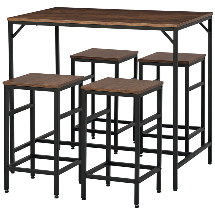 Juego de Mesa y Taburetes de Bar, Mesa Alta de Cocina con 4 Taburetes Industrial, con Reposapiés, Ahorro de Espacio, para Espacios Reducidos, Comedor, Salón, Marrón Rústico
