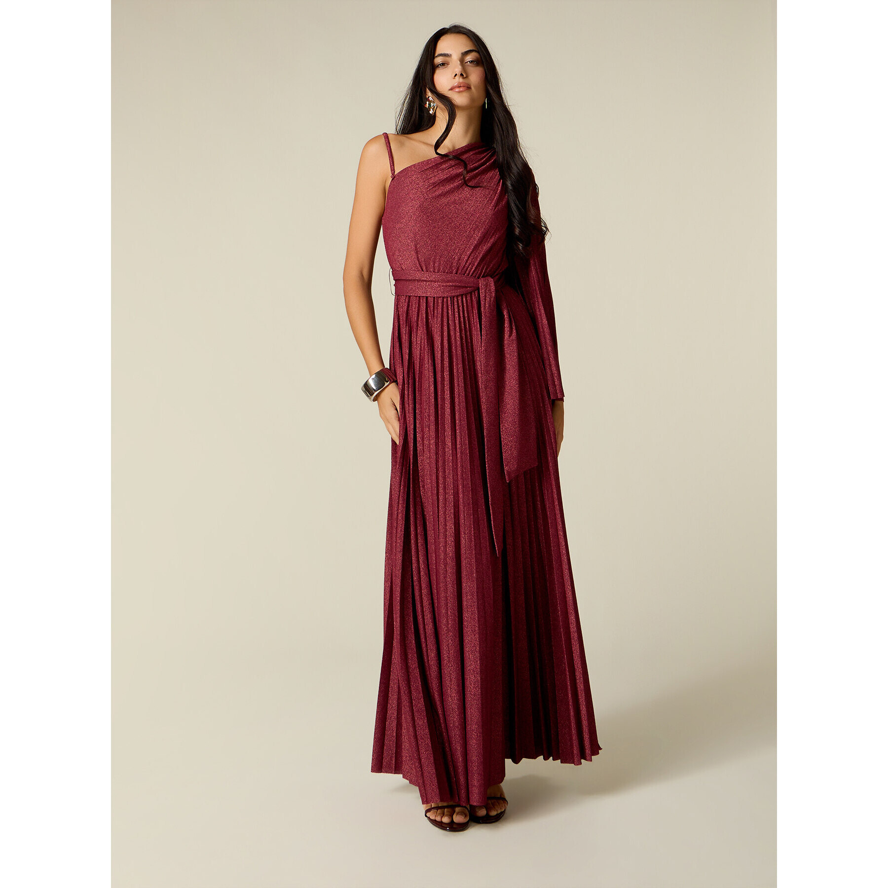 Oltre - Vestido asimétrico plisado en jersey lurex - Burgundy