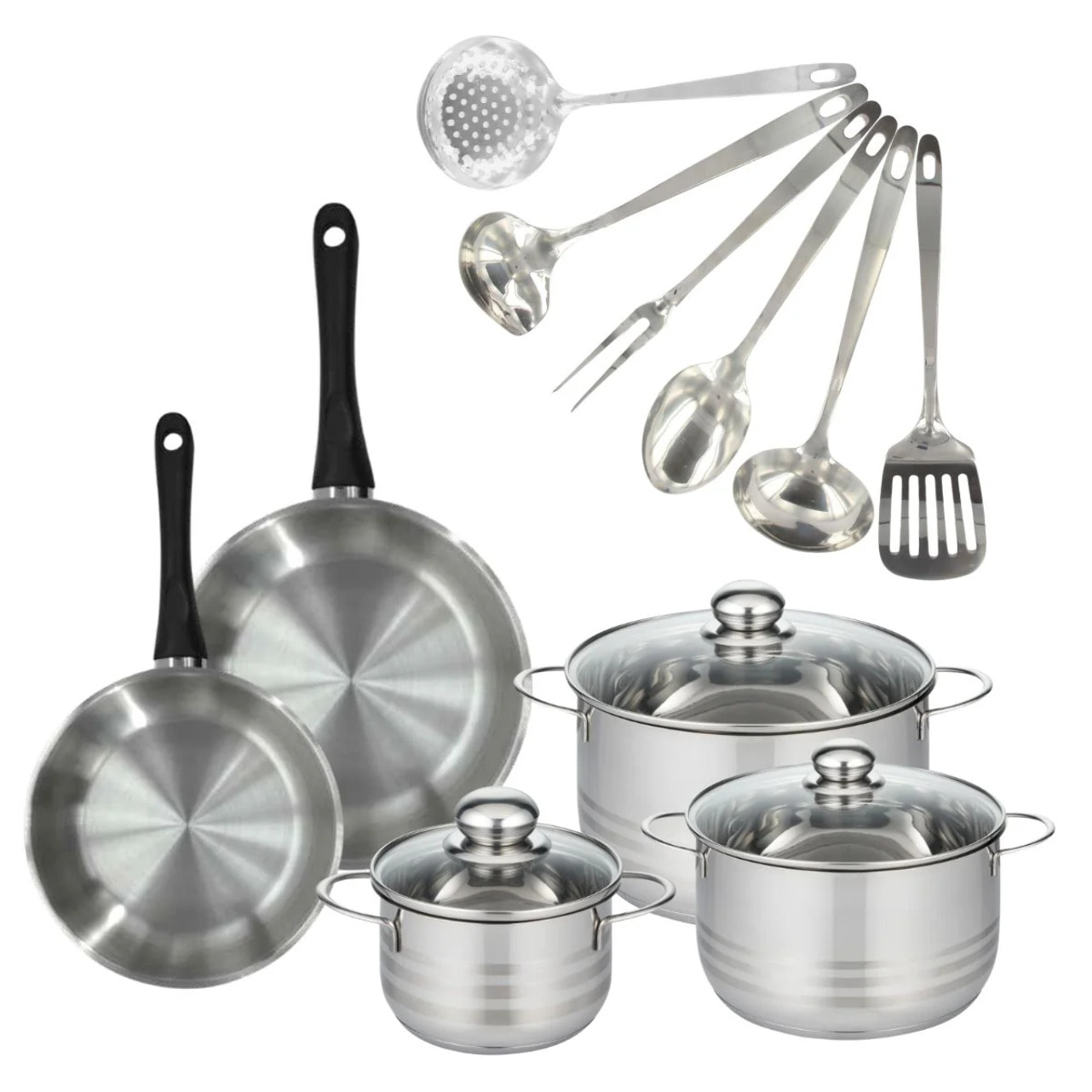 Set 2 poêles, 3 faitouts 16, 20 et 24 cm en inox et 6 ustensiles inox Fackelmann Geneva