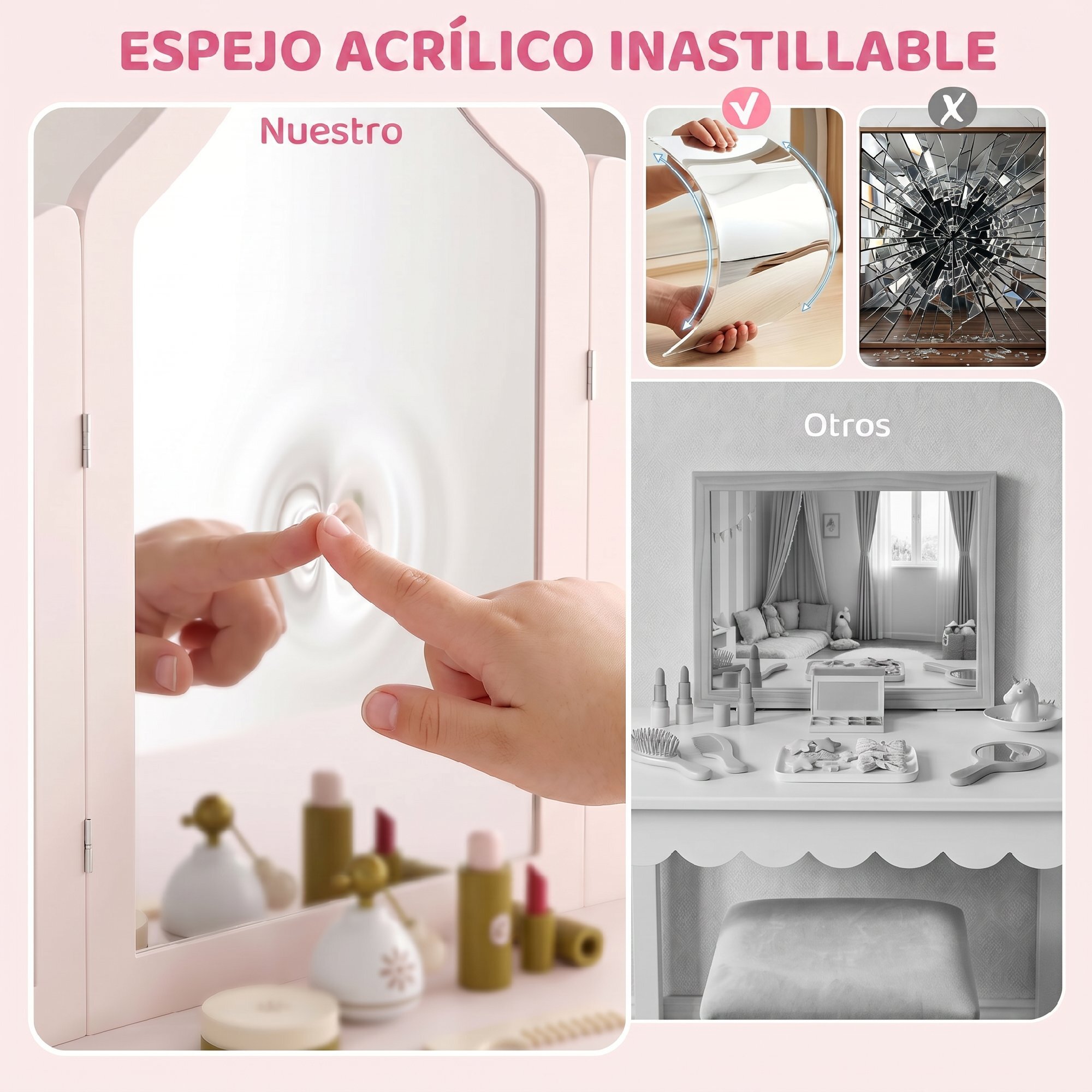 Tocador para Niñas, Tocador de Maquillaje Niñas, 2 en 1, Escritorio, con Taburete, 3 Espejos Desmontables, 2 Cajones, 2 Armarios, 6 Accesorios, a Partir de 3 Años, Rosa