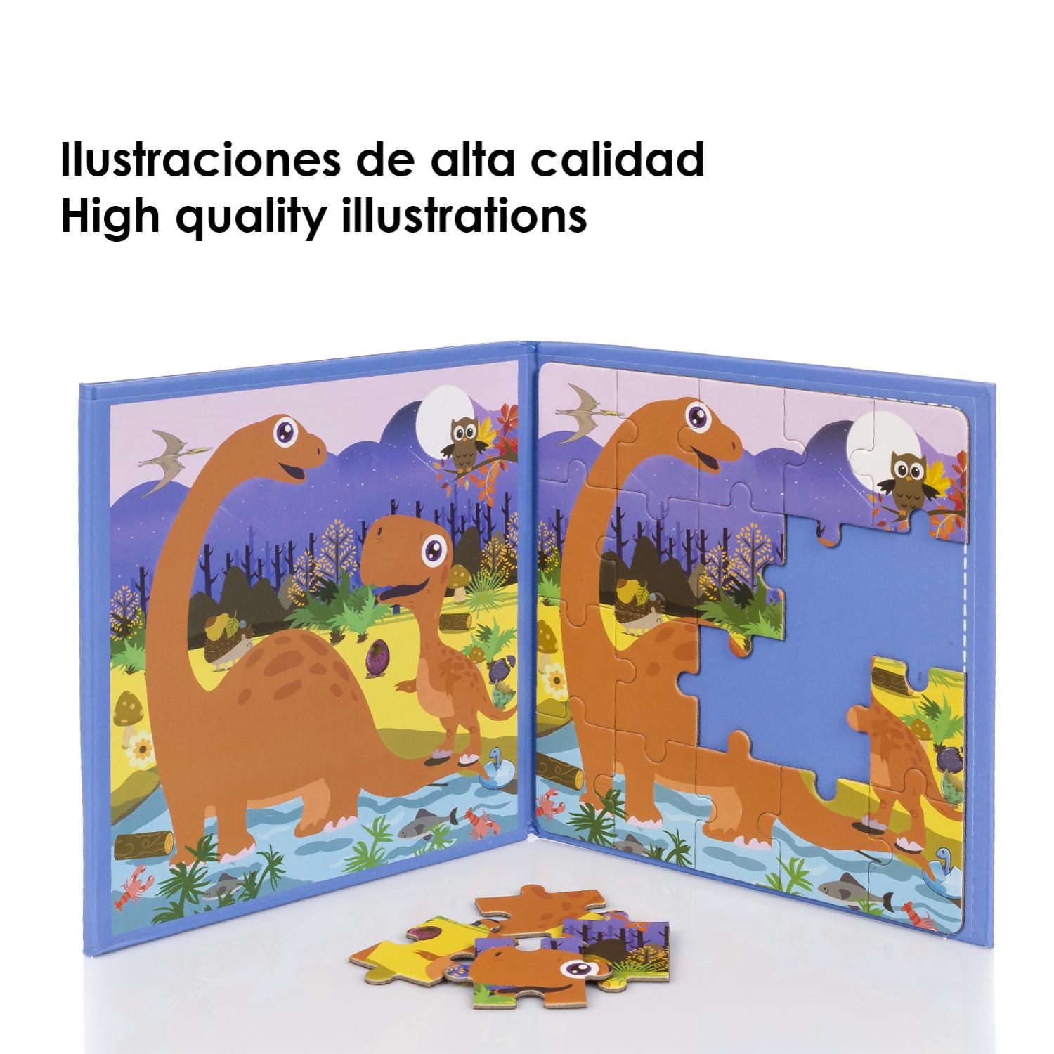 Puzle diseño Paraiso de los Dinosaurios de 40 piezas magnético. Formato tipo libro, 2 puzzles de 20 piezas en 1.